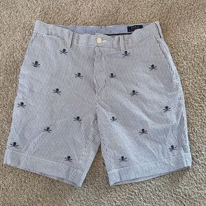 Polo by Ralph Lauren Blue & White Seersucker Skull-Embroidered Men's Shorts
